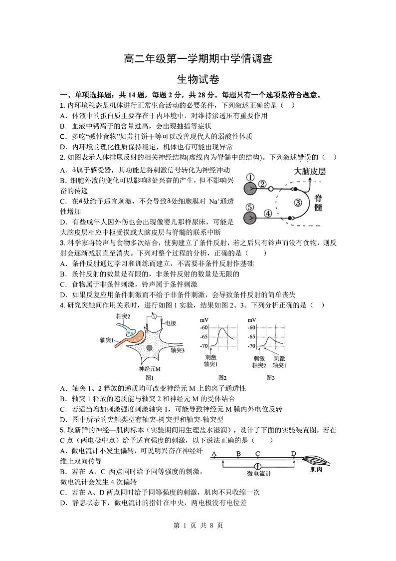 江苏省镇江第一中学2023-2024学年高二上学期期中生物试题01