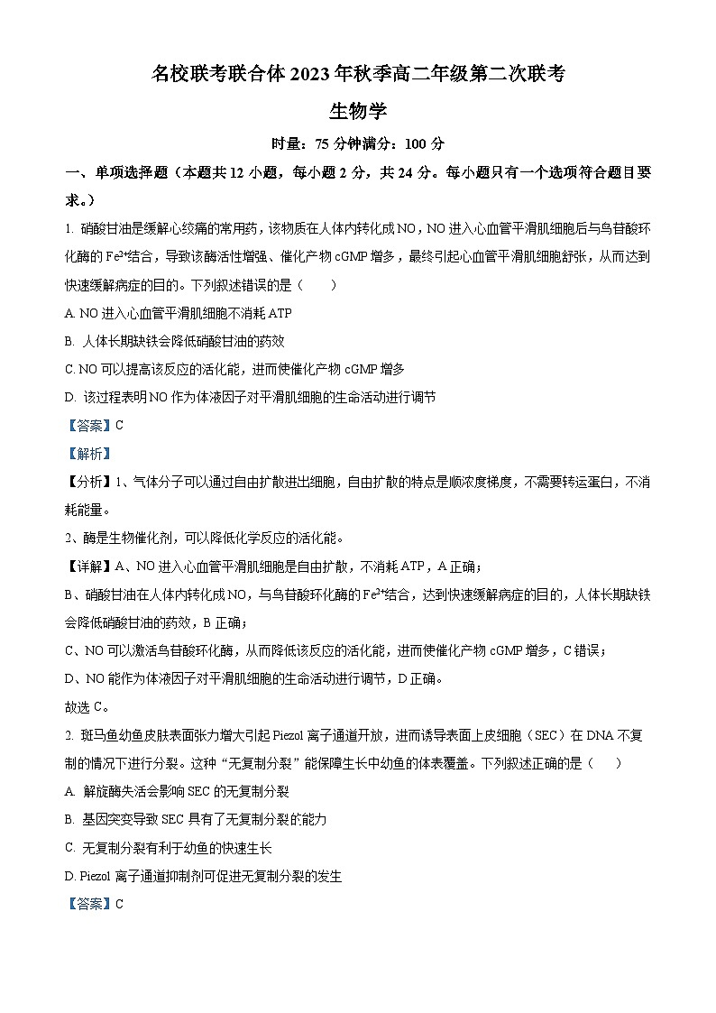 湖南省名校联考联合体2023-2024学年高二上学期第二次联考（期中考试）生物试题（Word版附解析）01