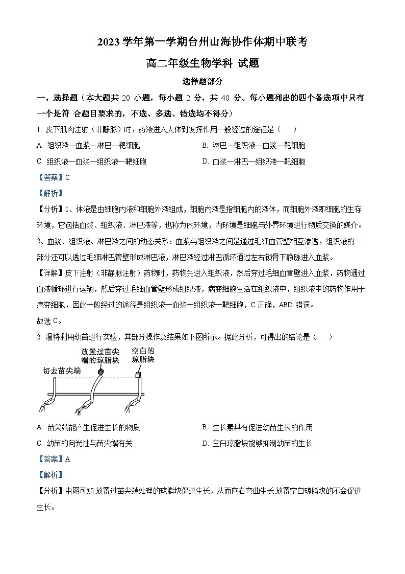 浙江省台州山海协作体2023-2024学年高二上学期期中联考生物试题（Word版附解析）01