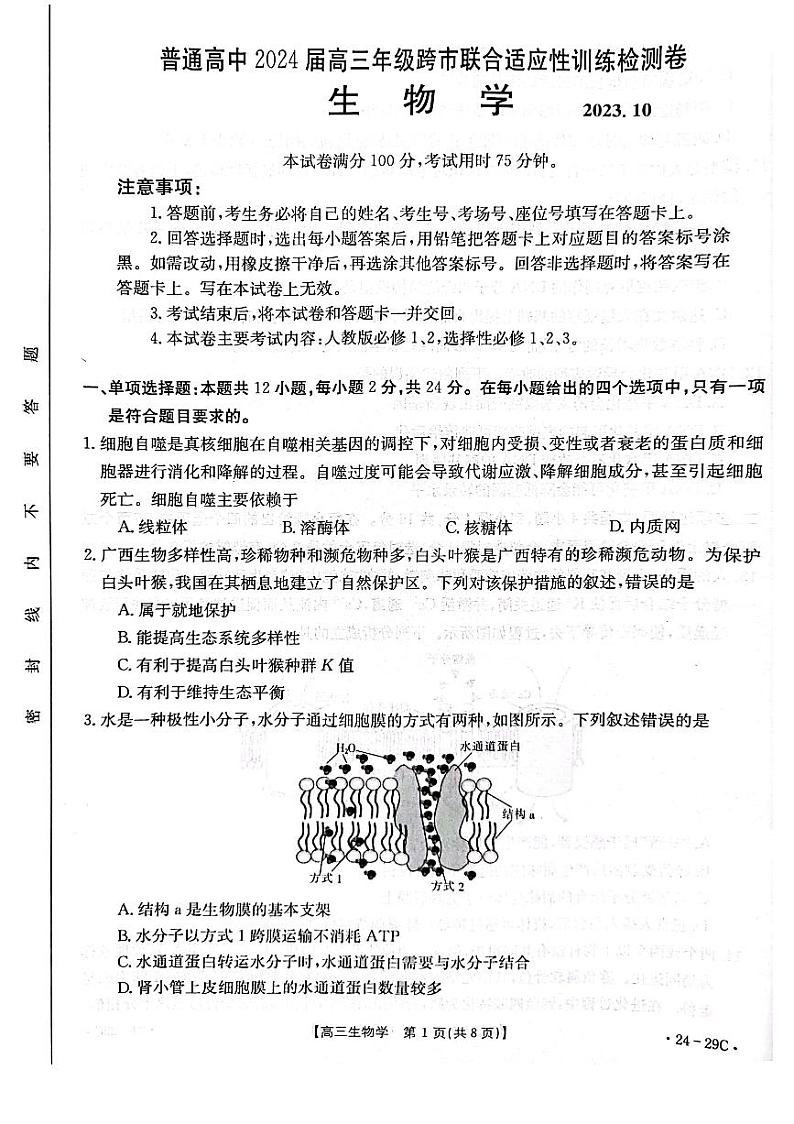 广西高三2023年10月跨市联合适应性训练检测 生物试题（含答案）01