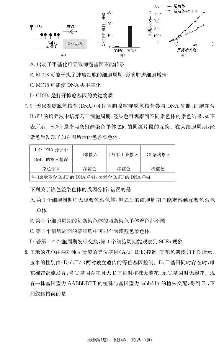 湖南长沙2023年高三第三次月考 生物试题（含答案）第3页