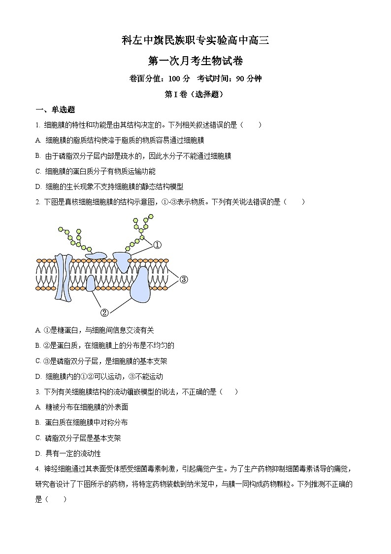 内蒙古通辽市科尔沁左翼中旗实验高级中学2023-2024学年高三上学期第一次月考生物试题（原卷版）第1页