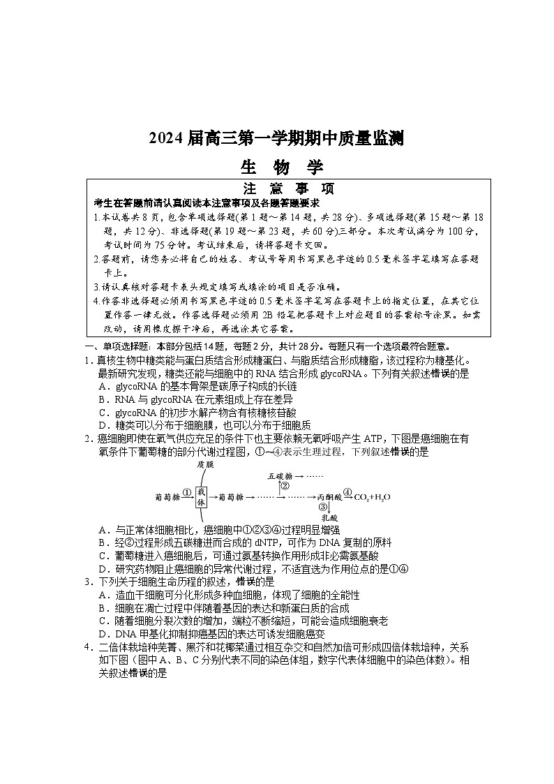 江苏省淮安、南通部分学校2023-2024学年高三上学期11月期中监测生物第1页