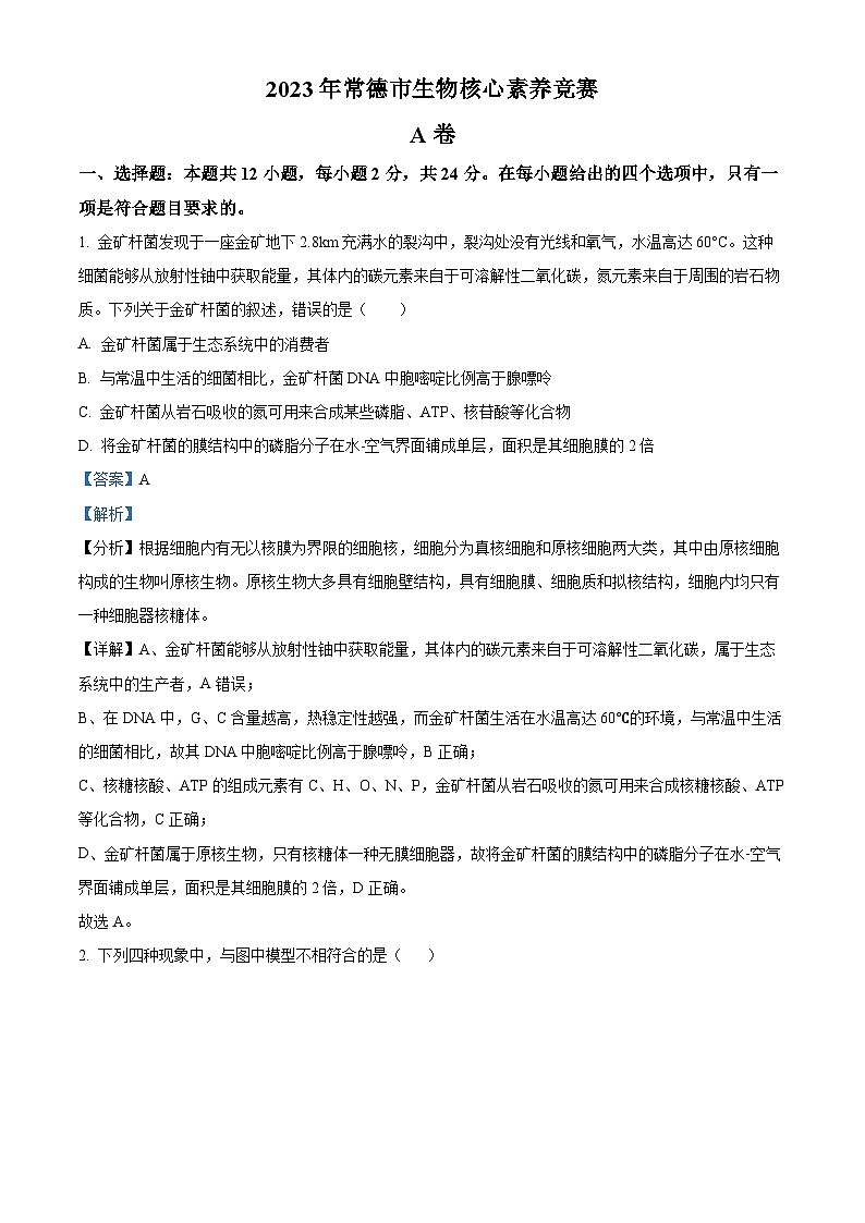 湖南省常德市2023-2024学年高三生物上学期核心素养检测试题（Word版附解析）01