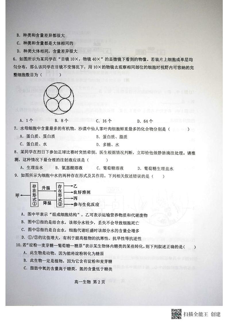 广西钦州市浦北县2023-2024学年高一上学期期中考试生物试题第2页