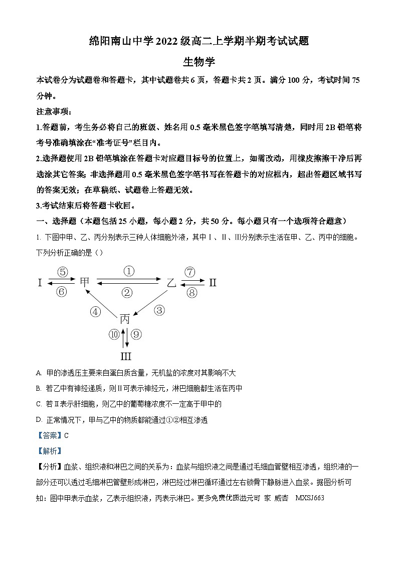 四川省绵阳南山中学2023-2024学年高二上学期期中考试生物试题（解析版）01