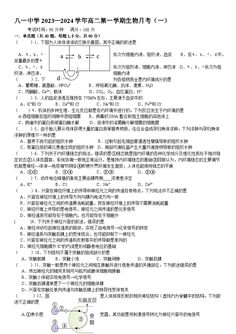 新疆生产建设兵团第二师八一中学2023-2024学年高二上学期第一次月考生物试题01