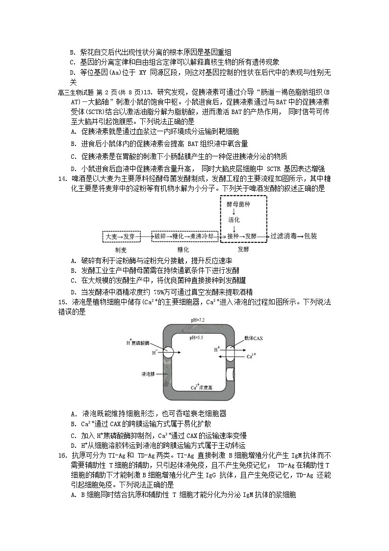 浙江省9+1高中联盟2023-2024学年高三上学期期中考试生物试题03