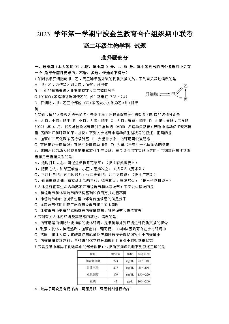 浙江省宁波金兰教育合作组织2023-2024学年高二上学期期中生物试题（Word版附答案）01