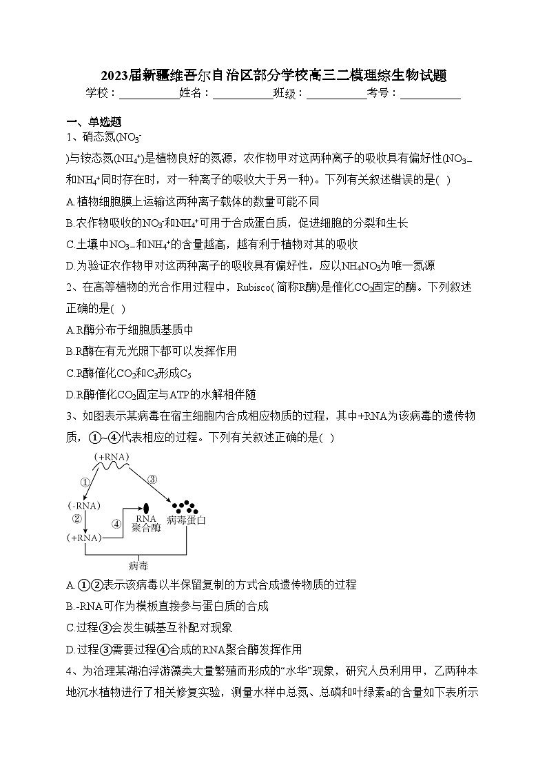 2023届新疆维吾尔自治区部分学校高三二模理综生物试题(含答案)01