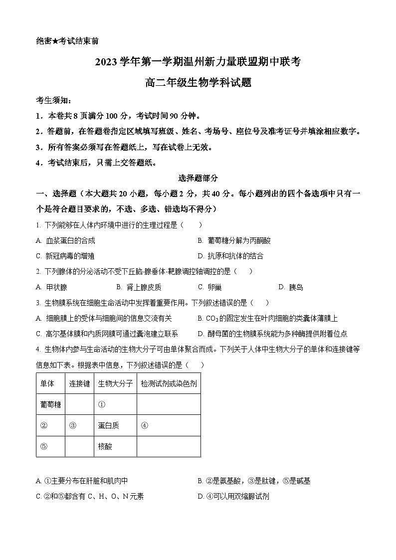 2024温州新力量联盟高二上学期期中联考试题生物含解析01