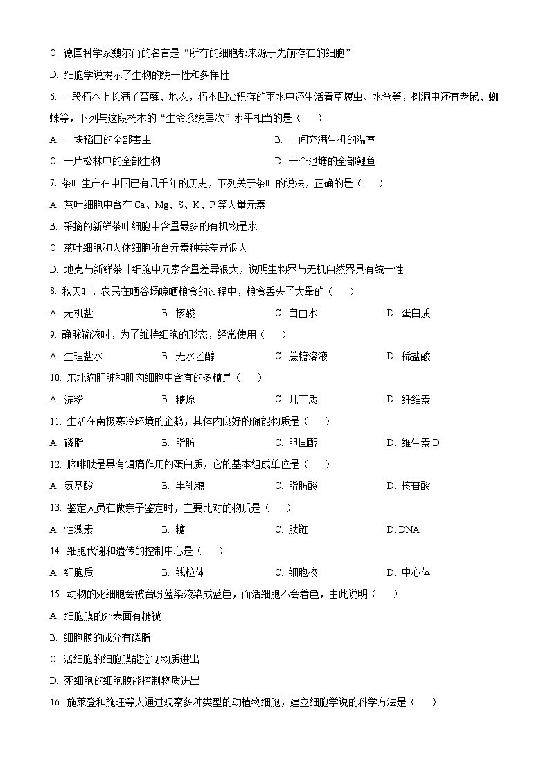 2024回族自治区银川西夏区育才中学高一上学期11月期中生物试题含解析02