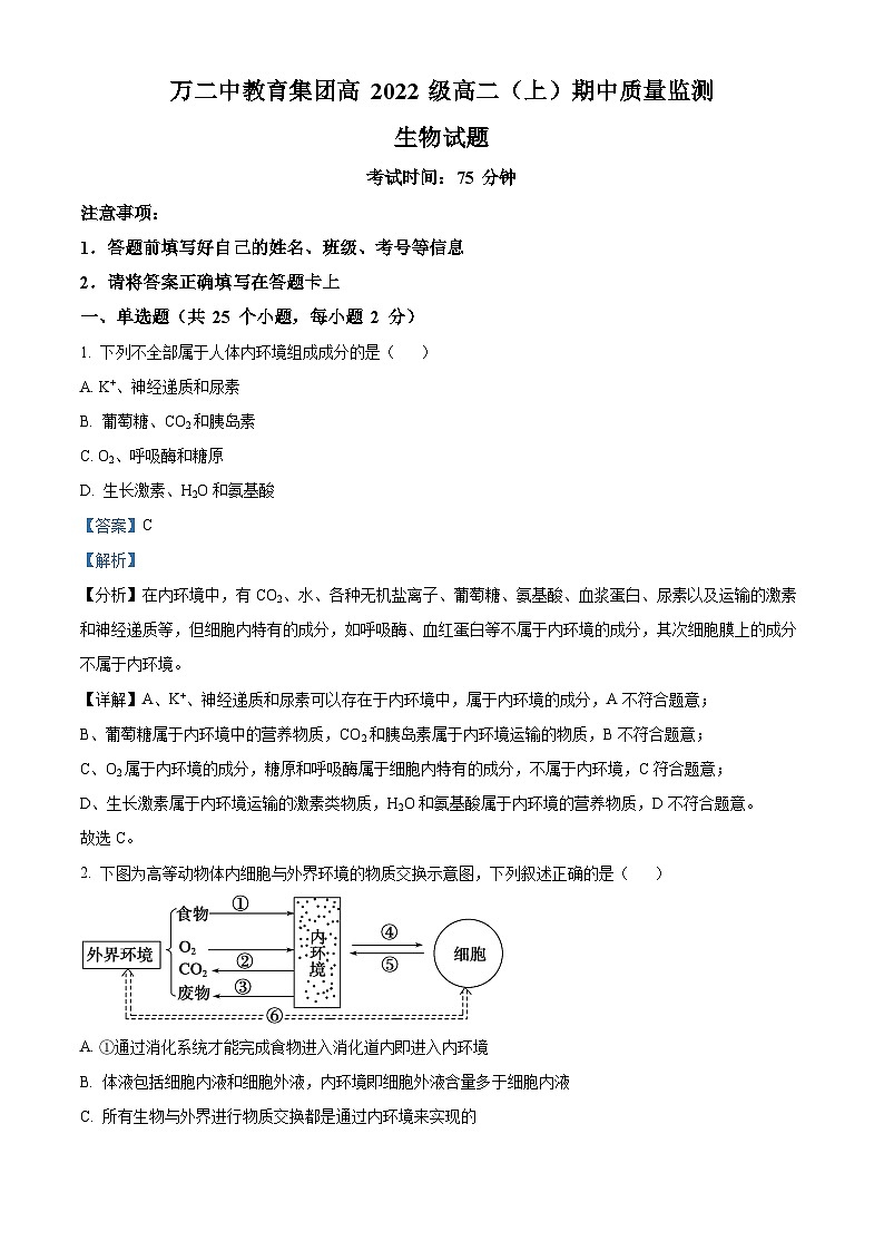 重庆市万州第二高级中学2023-2024学年高二上学期期中生物试题（Word版附解析）第1页