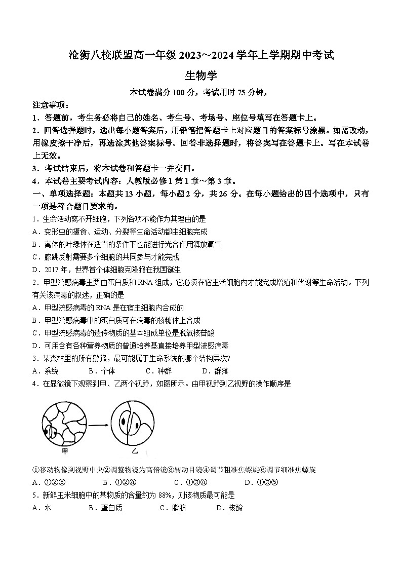 河北省沧衡八校联盟2023-2024学年高一上学期11月期中生物试题（Word版附答案）01