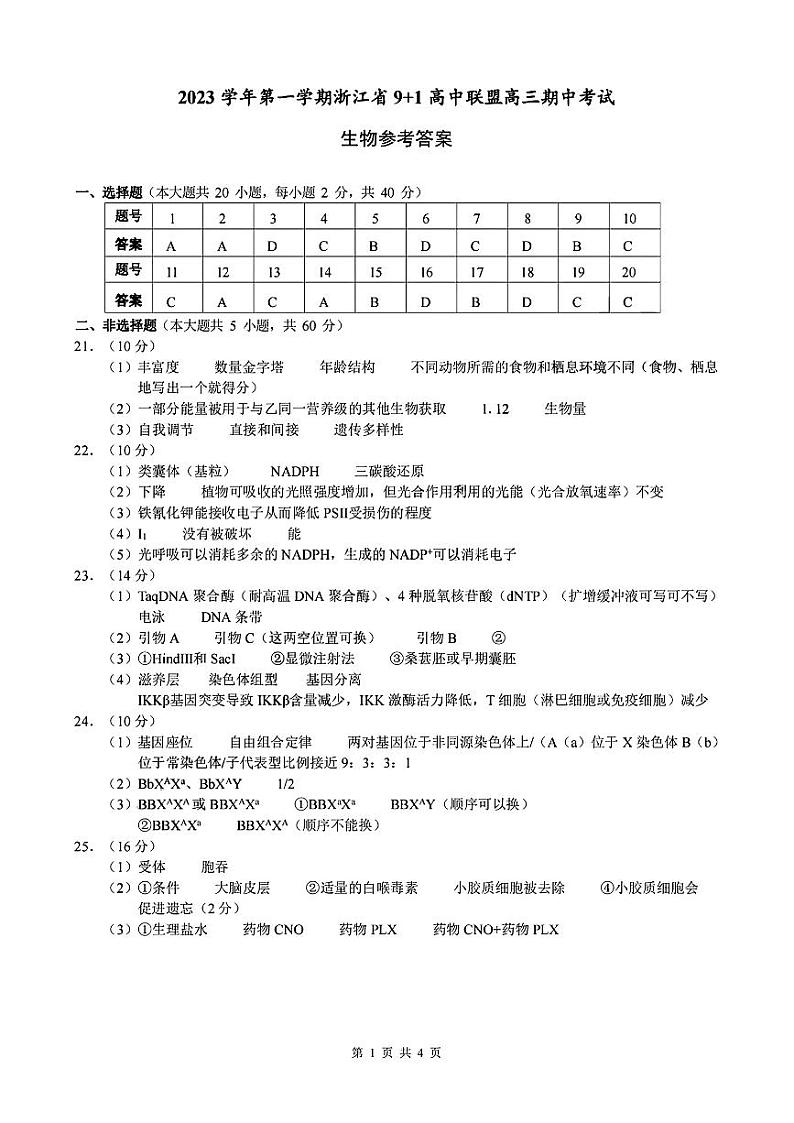 2024浙江省91高中联盟高三上学期期中联考试题生物PDF版含答案01