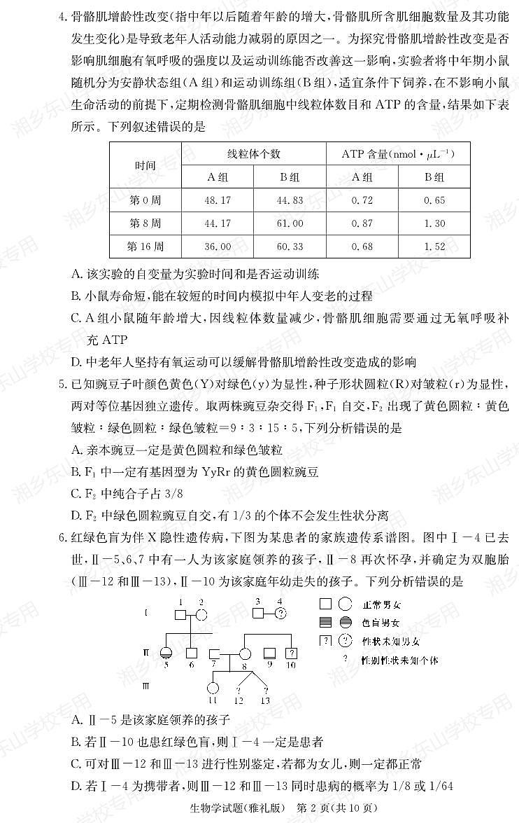 湖南省长沙市雅礼中学2024届高三上学期月考试题（三）生物02
