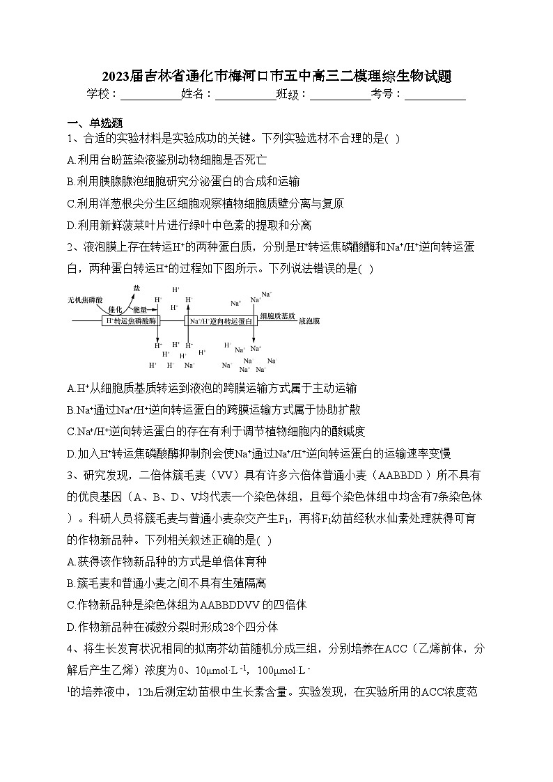 2023届吉林省通化市梅河口市五中高三二模理综生物试题(含答案)第1页