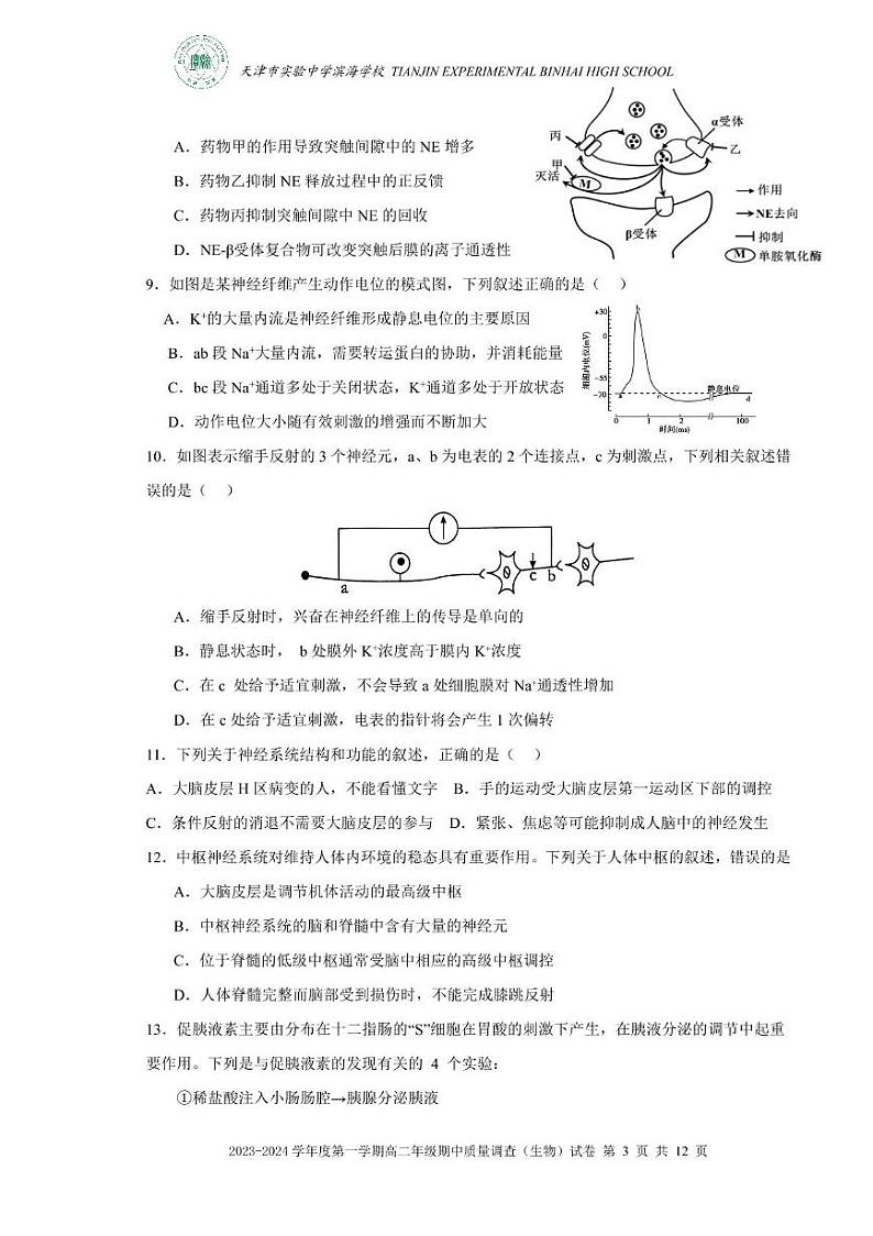 天津市实验中学滨海学校2023-2024学年高二上学期期中质量调查生物试题第3页