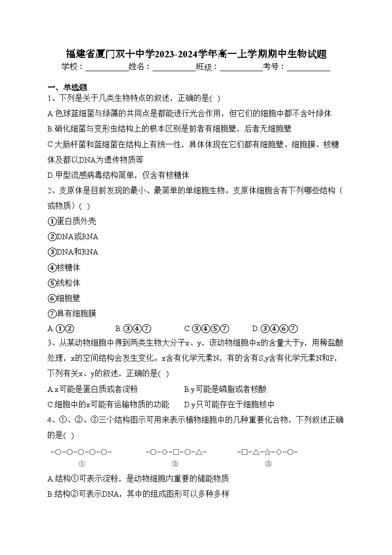 福建省厦门双十中学2023-2024学年高一上学期期中生物试题(含答案)01