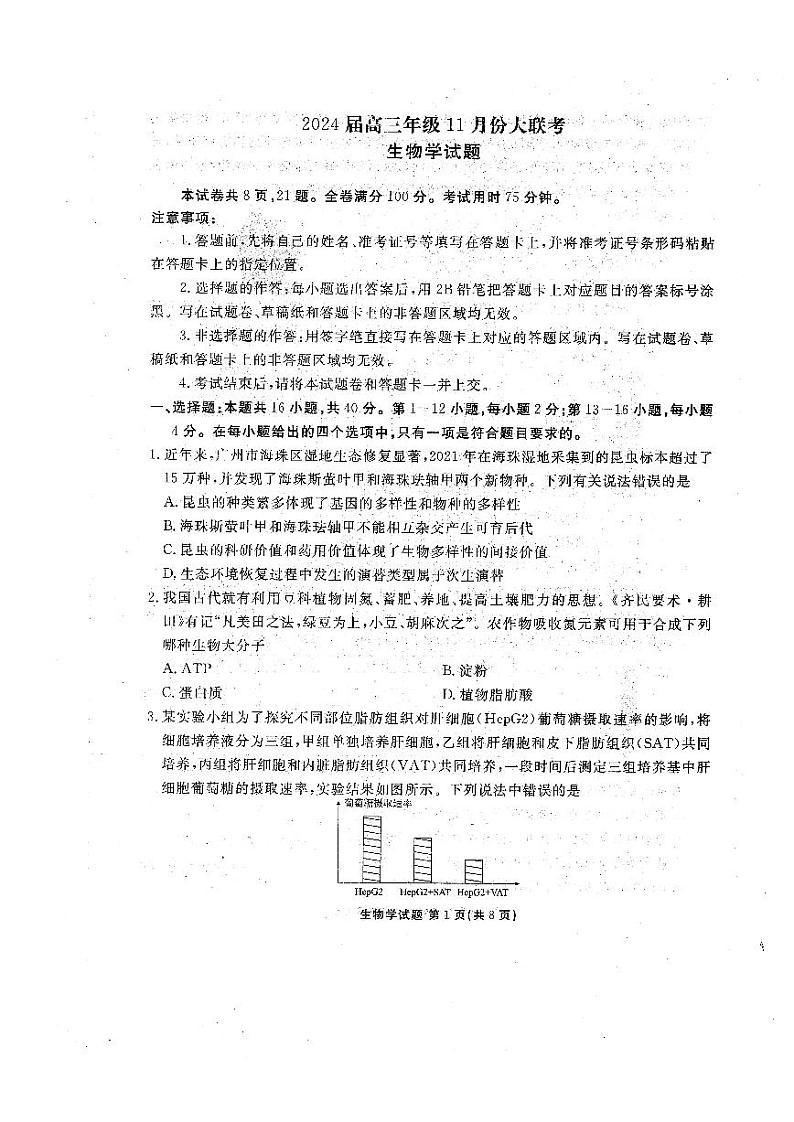 2024广东省衡水金卷高三上学期11月大联考试题生物PDF版含答案01