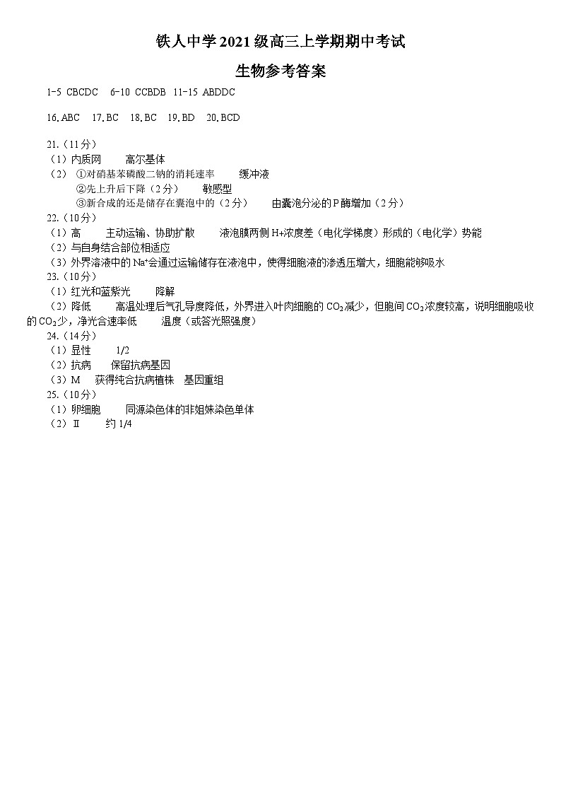 2024省大庆铁人中学高三上学期期中考试生物含答案01