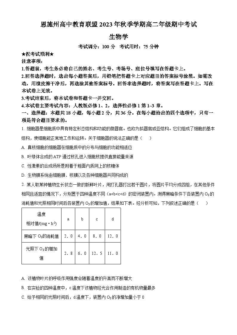 湖北省恩施州联盟学校2023-2024学年高二上学期期中生物试题无答案第1页