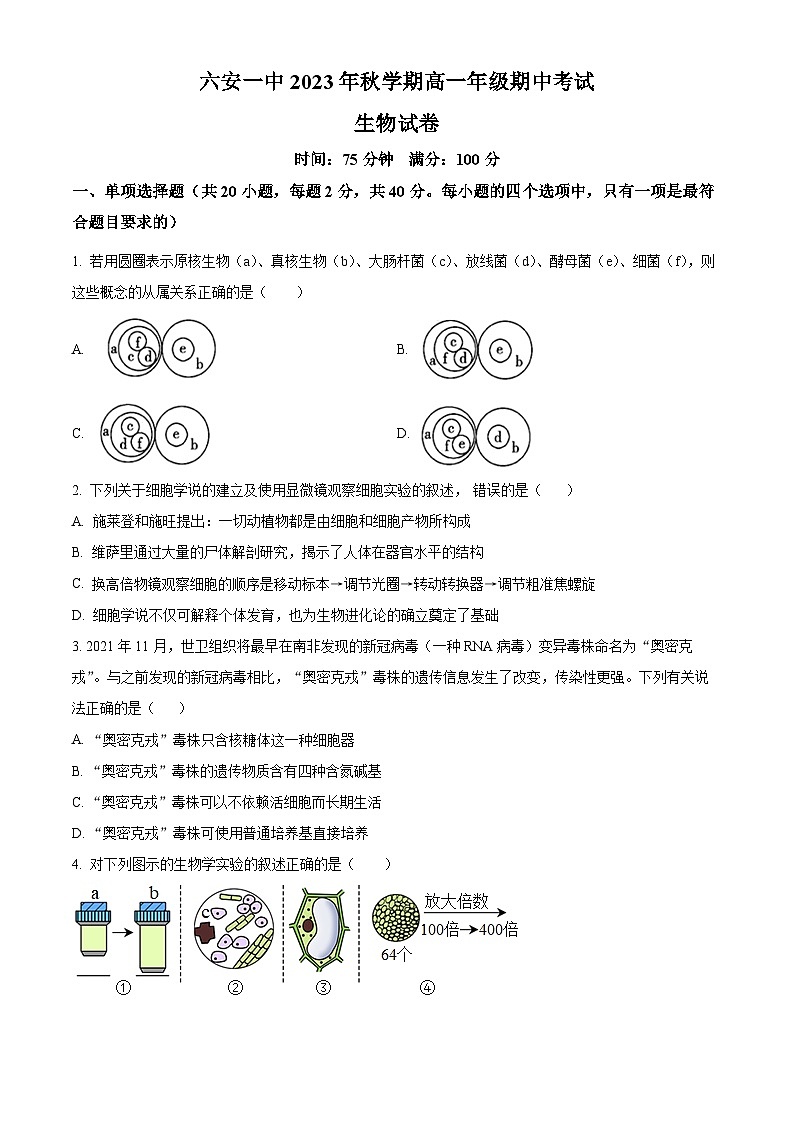 安徽省六安市一中2023-2024学年高一上学期期中生物试题无答案第1页