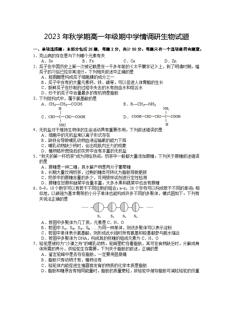 2024盐城阜宁县高一上学期期中生物试卷含答案01