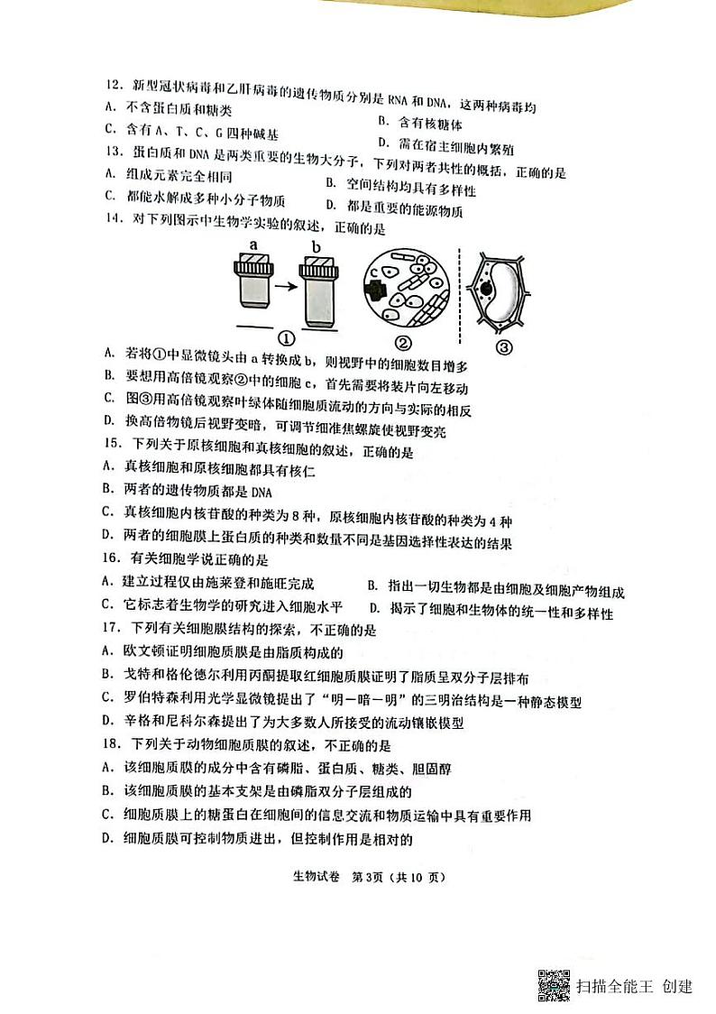 2024徐州铜山区高一上学期期中考试生物试题PDF版无答案03