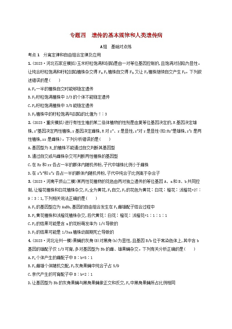适用于新高考新教材2024版高考生物二轮复习专题突破练4遗传的基本规律和人类遗传病（附解析）第1页