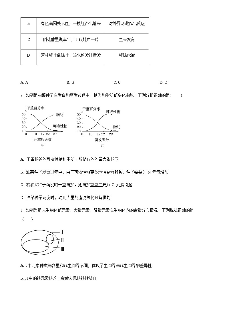 2023-2024学年安徽省安庆市桐城中学高一上学期第一次教学质量检测生物试题含答案03