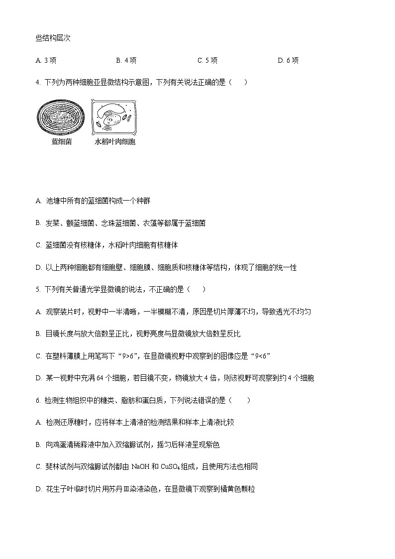 湖南省株洲市二中2023-2024学年高一上学期第二次适应性检测生物试题  Word版无答案第2页