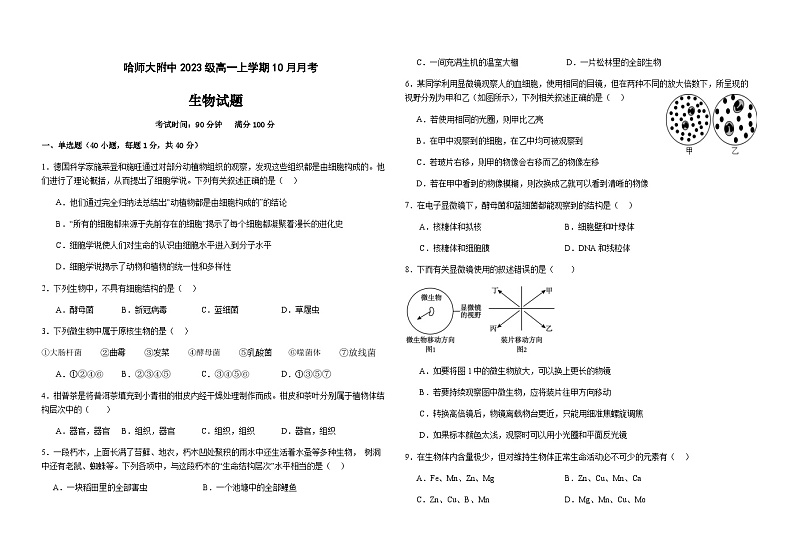 2023-2024学年黑龙江省哈尔滨师范大学附属中学高一上学期10月月考试题生物含答案01