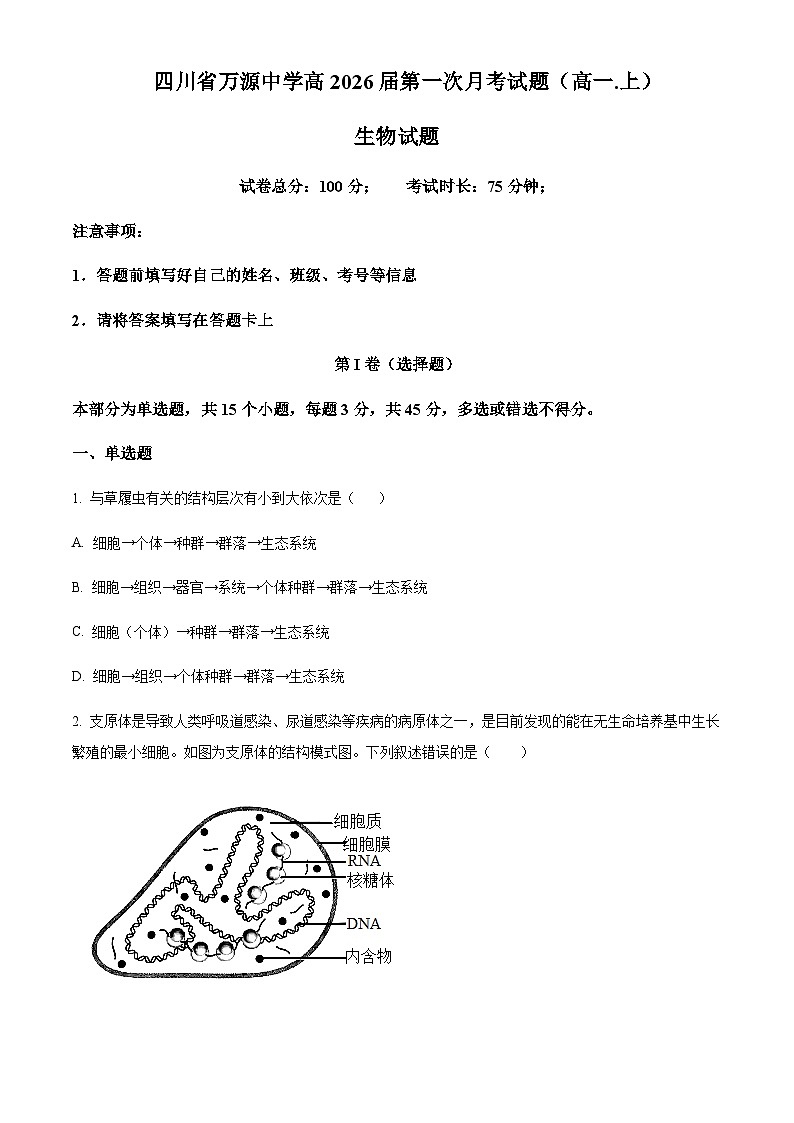 2023-2024学年四川省达州市万源中学高一上学期10月月考生物试题含答案01