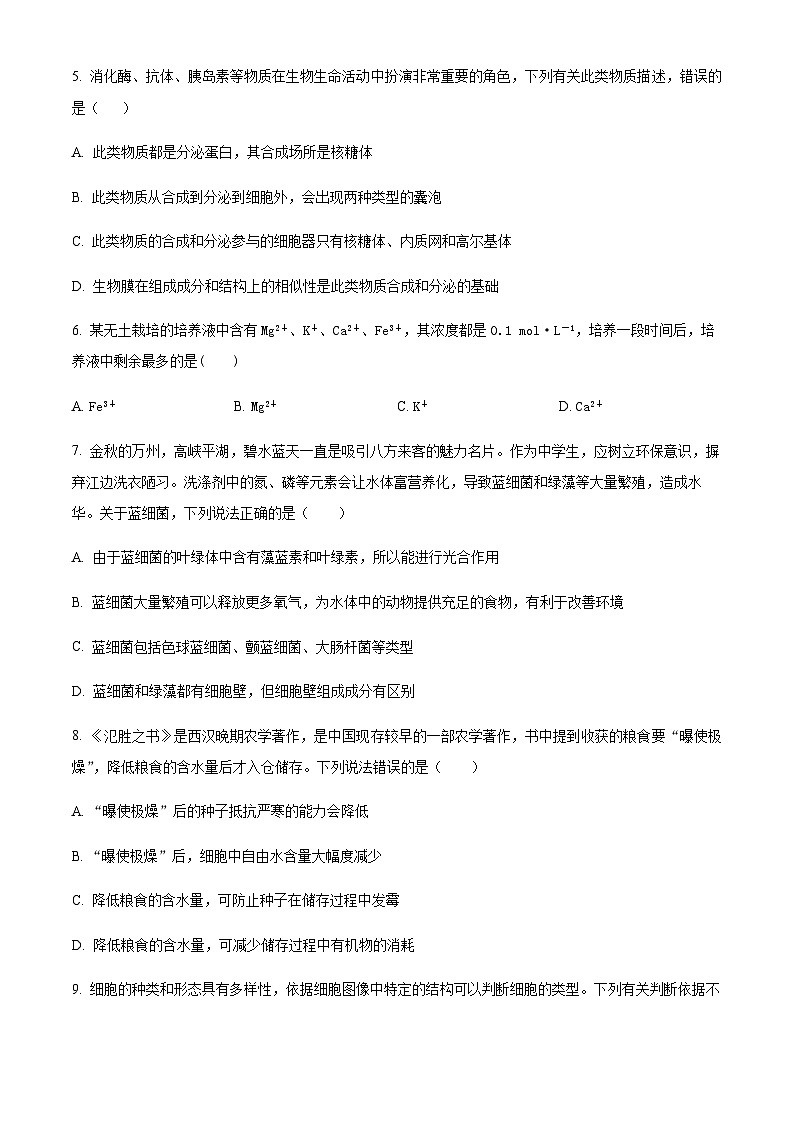 四川省眉山市仁寿第一中南校区2023-2024学年高一11月期中生物试题  Word版无答案第2页