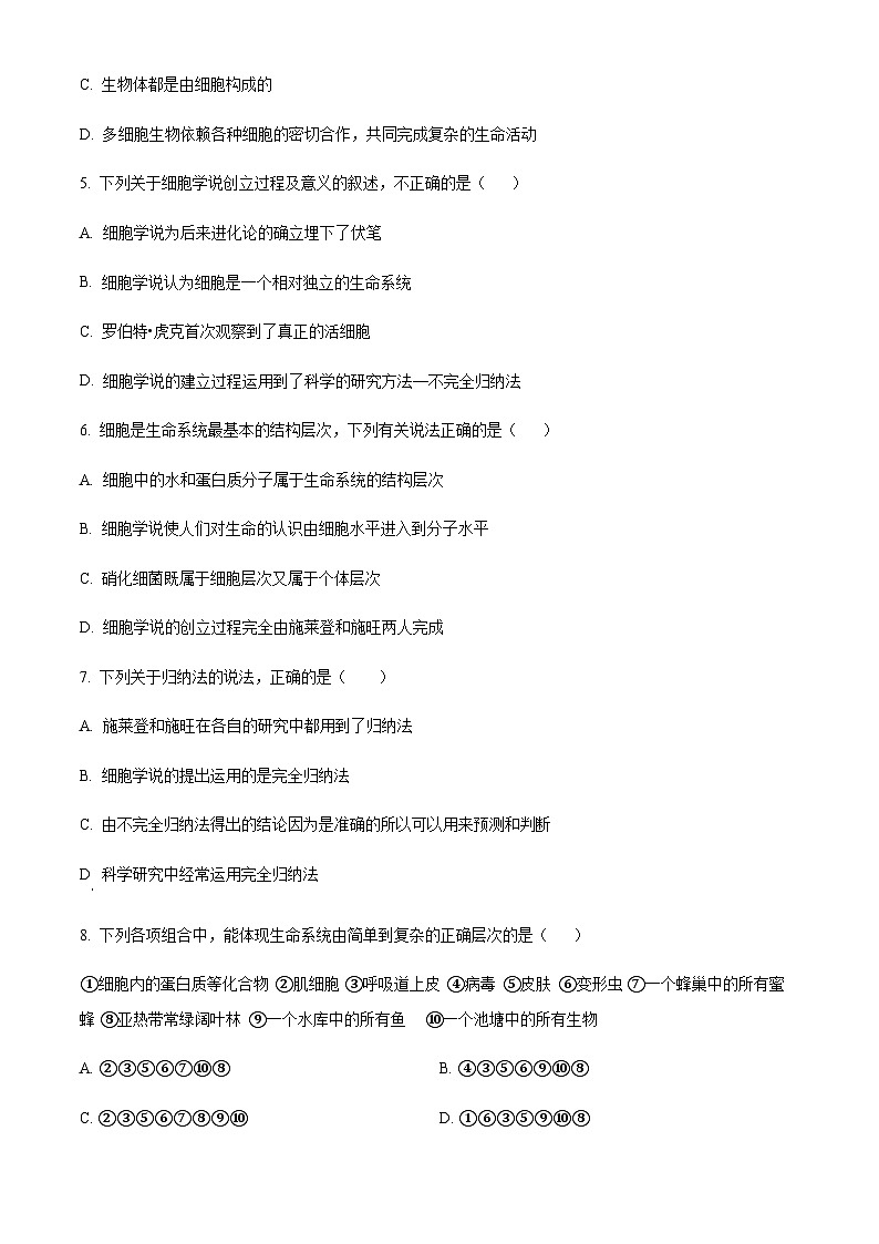 2023-2024学年新疆石河子第一中学高一上学期9月月考生物试题含答案02