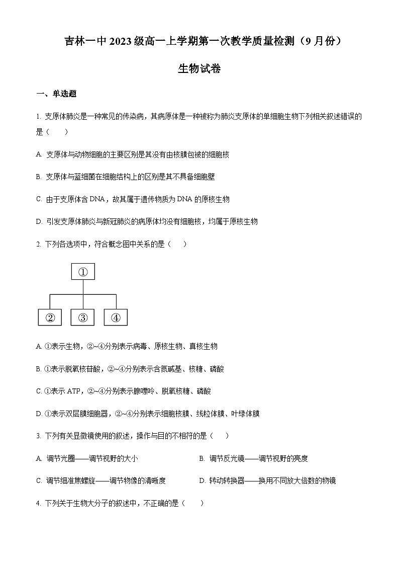 2023-2024学年吉林省吉林市第一中学高一上学期第一次月考试题生物含解析（创新班）01