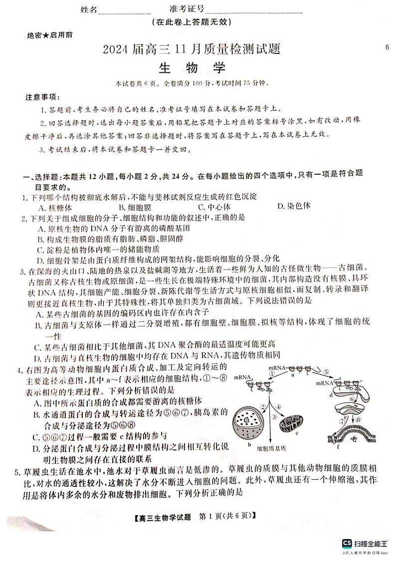 湖南省衡阳市2023-2024学年高三上学期11月质量检测生物第1页