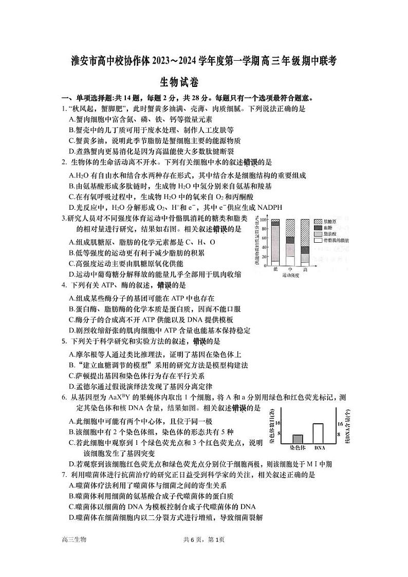 2024淮安高中校协作体高三上学期期中联考试题生物PDF版含答案01