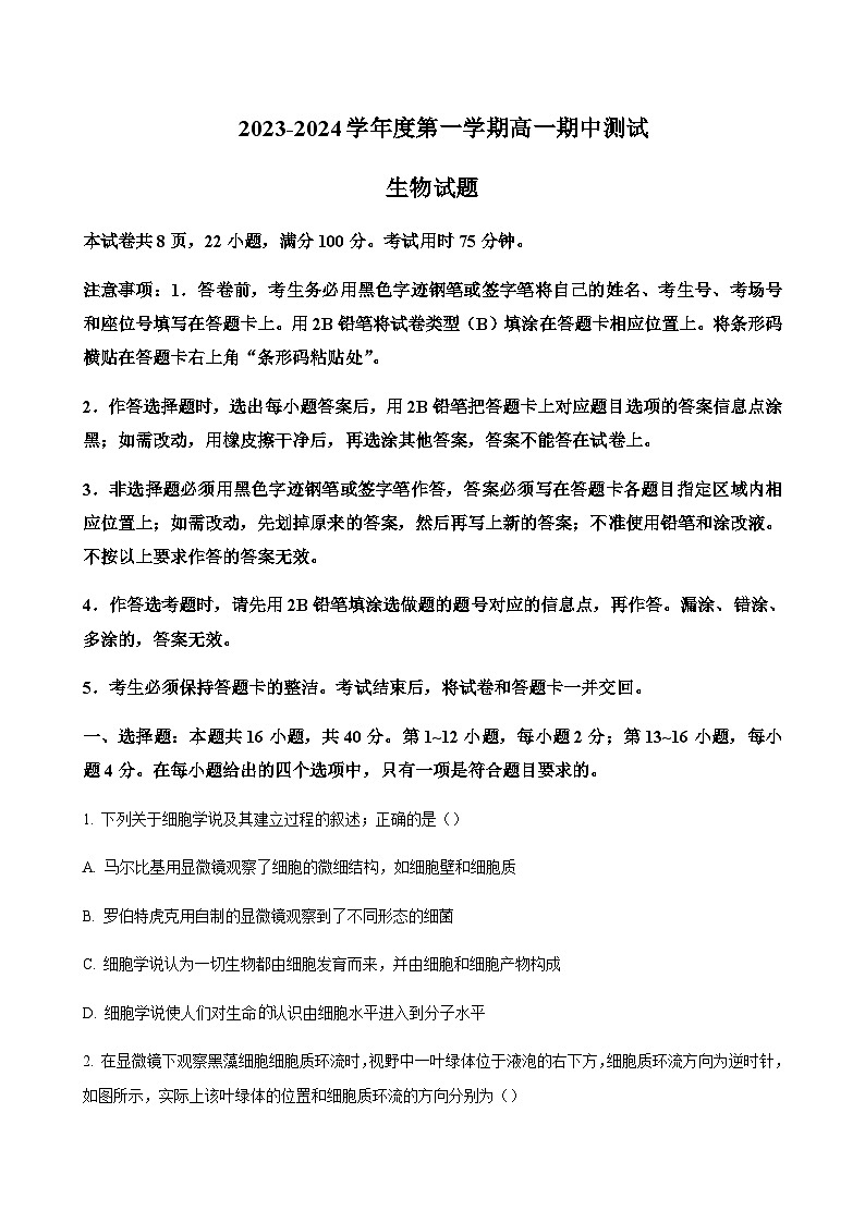 2023-2024学年广东省阳江市高一上学期10月期中考试生物含答案01