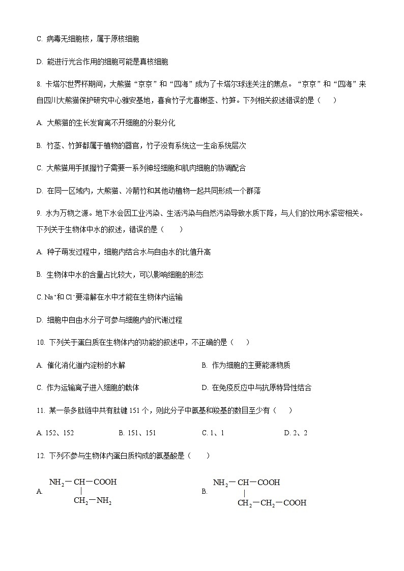 2023-2024学年天津市河西区实验中学高一上学期期中生物试题含答案03