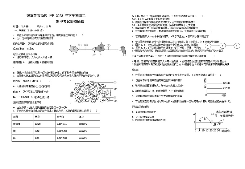 湖南省张家界市民族中学2023-2024学年高二上学期期中考试生物试题01
