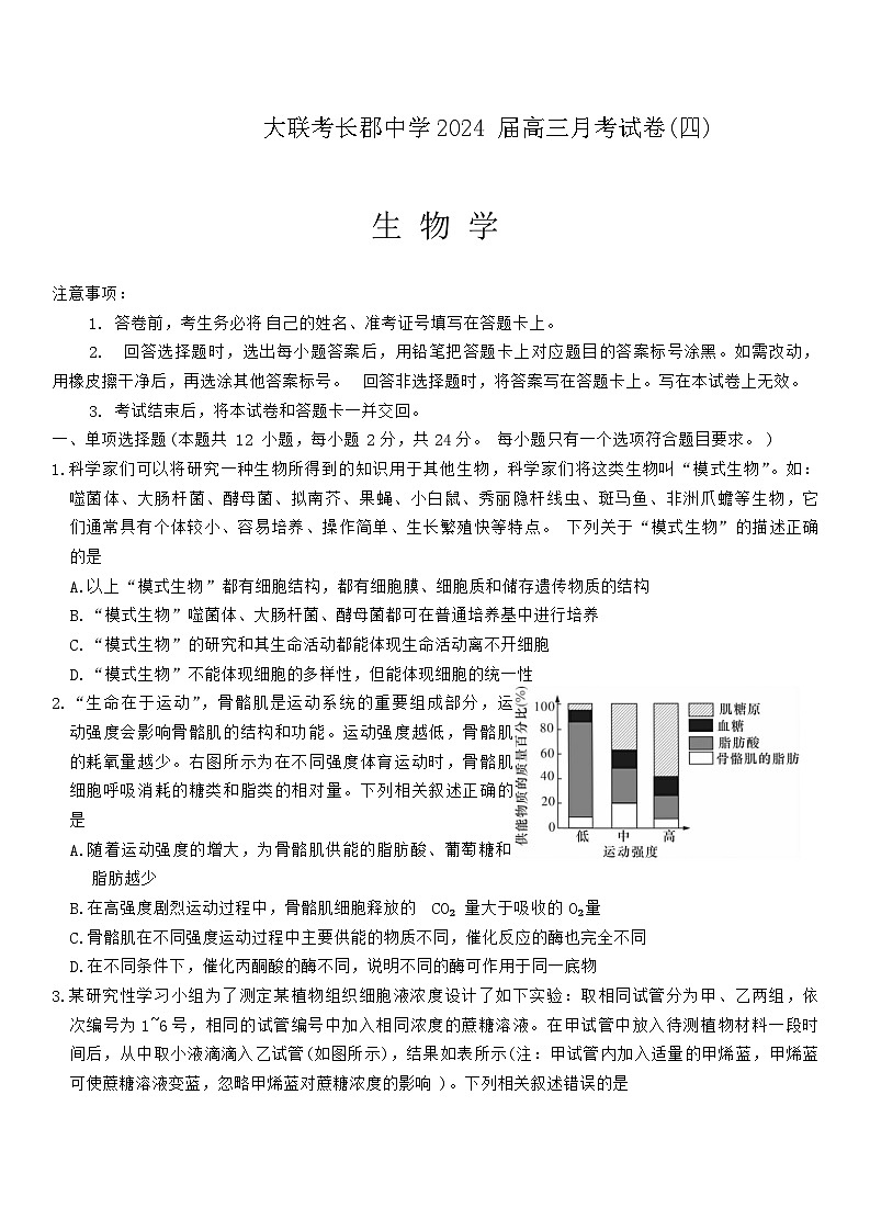 2024长沙长郡中学高三上学期月考（四）生物试卷含答案01