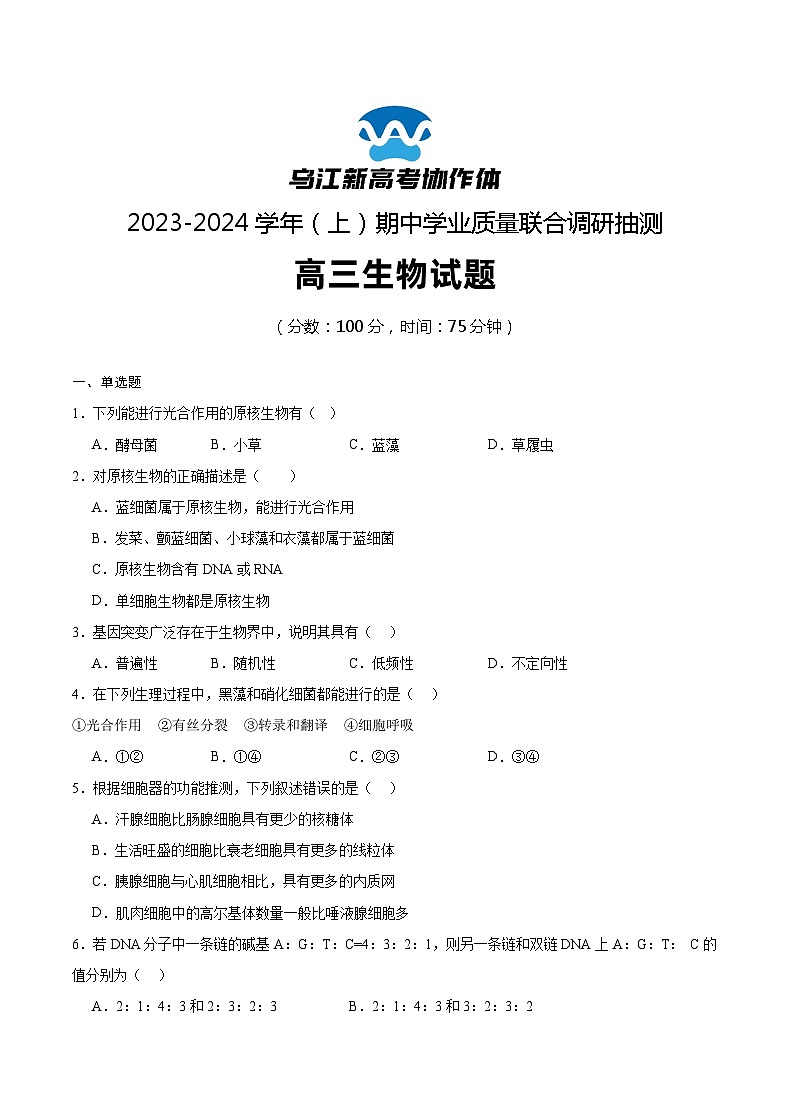 2024重庆市乌江新高考协作体高三上学期期中考试生物含答案01