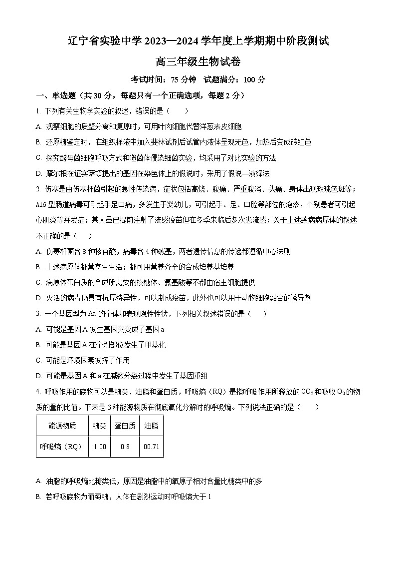 2024辽宁省实验中学高三上学期期中考试生物含解析第1页