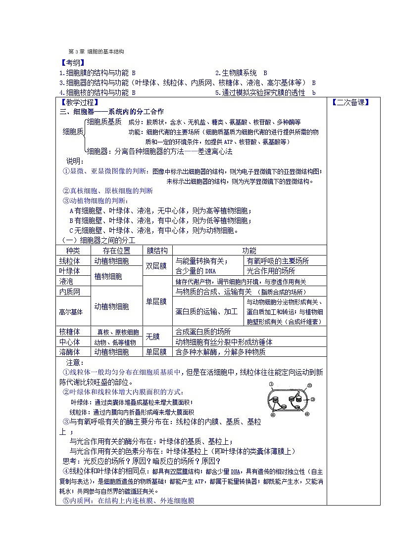 高中生物（新人教版必修1）教案：第3章《细胞的结构》第3课时01