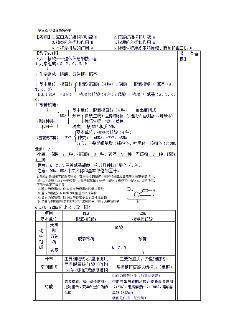 高中生物（新人教版必修1）教案：第2章《组成细胞的分子》第5课时01