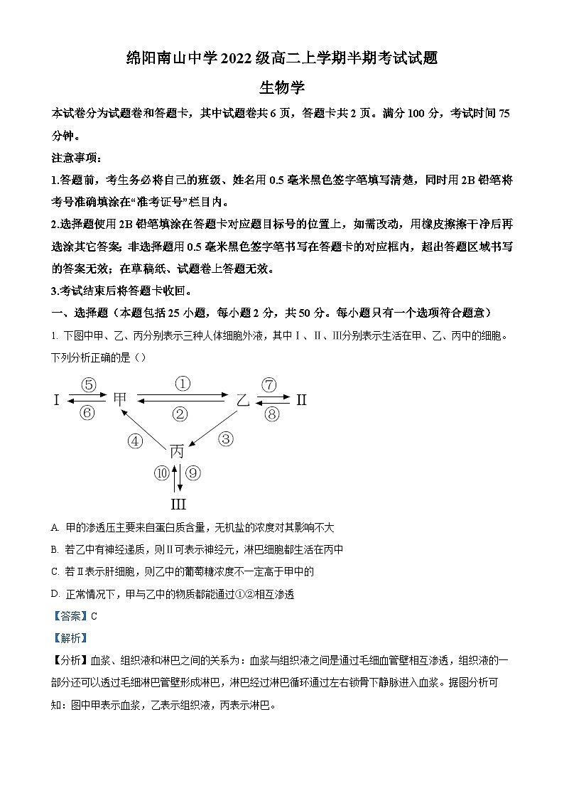 四川省绵阳市南山中学2023-2024学年高二上学期期中生物试题（Word版附解析）01