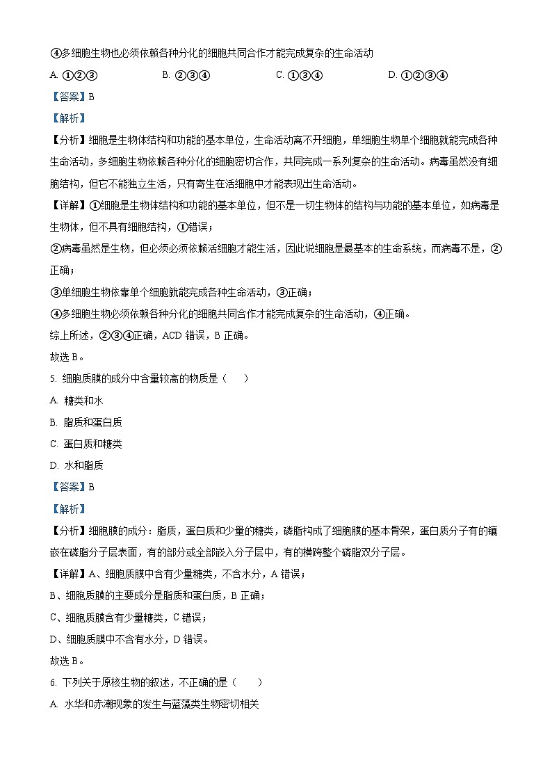 四川省宜宾市叙州区第二中学2023-2024学年高一上学期期中生物试题（Word版附解析）03