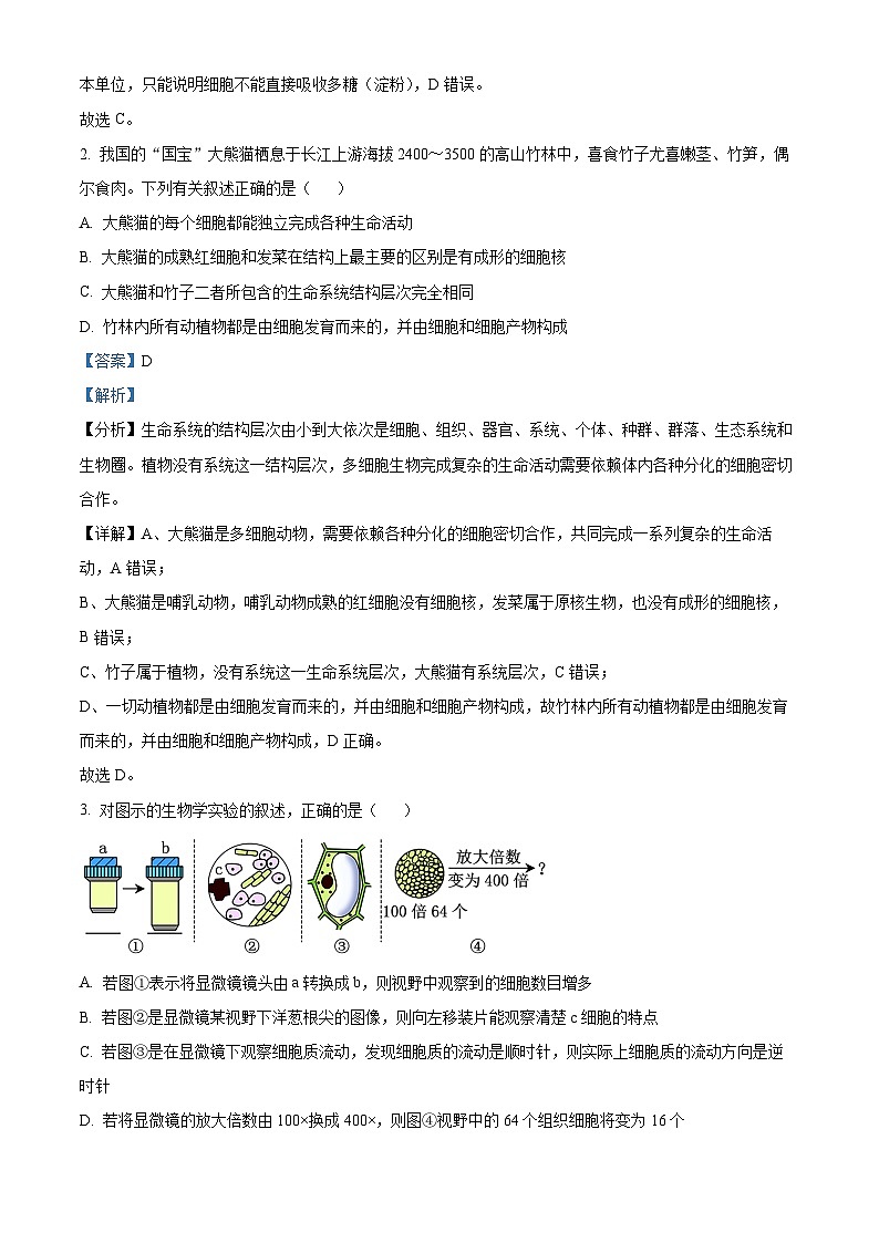 安徽省池州市贵池区2023-2024学年高一上学期期中生物试题（Word版附解析）02